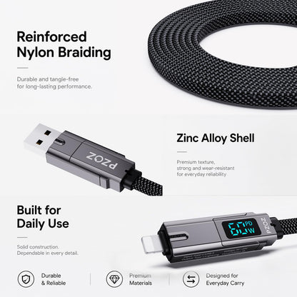 4-In-1 Keychain Charging Cable, 60W Fast Charging USB C Cable with LED Display, USB A/C to USB C & Lightning, Portable Short Charger Cord for Iphone 16/15, Ipad, Macbook, Samsung (60W, 7.3 Inchs)