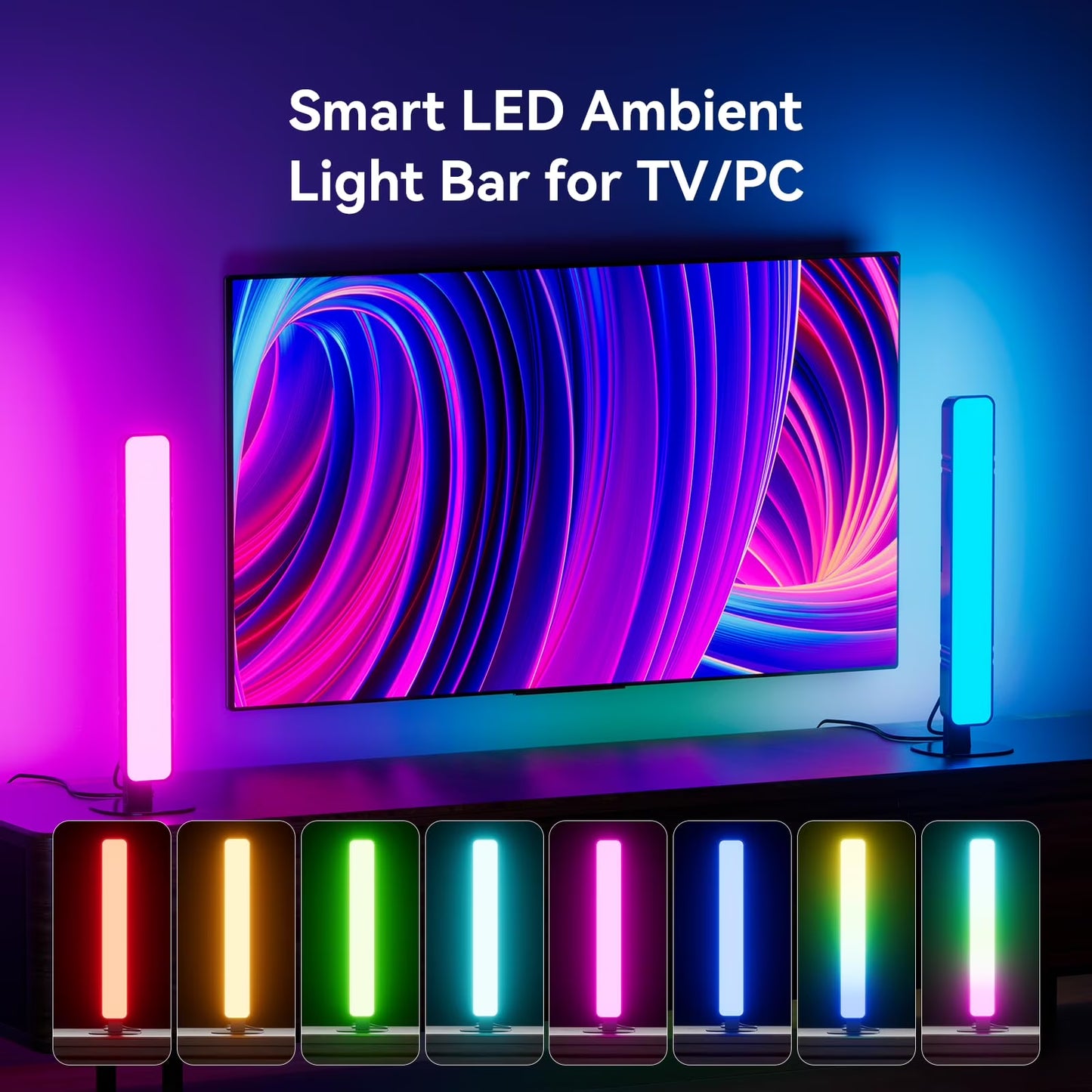 RGB Light Bar, Smart Music Sync RGBIC LED Lights Bars, USB Powered Ambient Lighting, Remote Control Color Changing Gaming TV Backlight, 15 Dynamic Modes for PC Room Monitor Desk