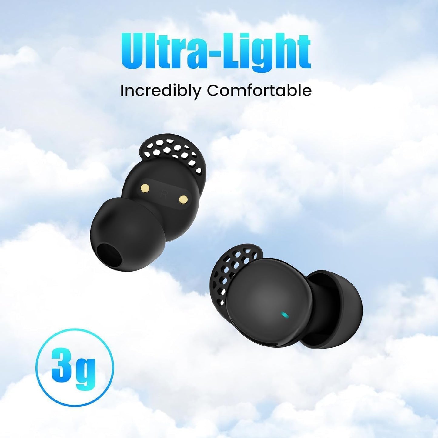 Sleep Earbuds for Side Sleepers, Wireless Noise Cancelling Sleep Headphones with Sleep Mode, LED Power Display, Comfort Fit for Sleeping, Working, Hiking (Deep Black)