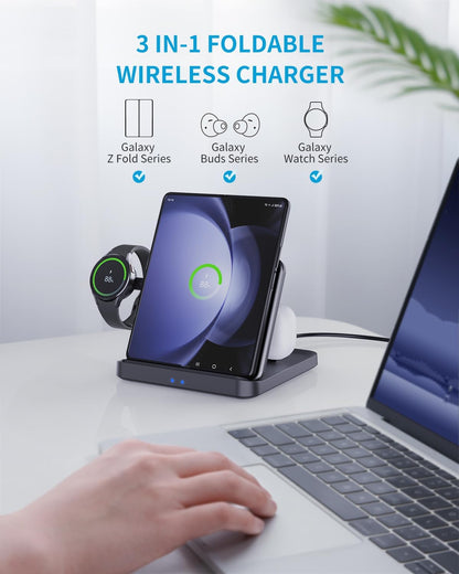 3 in 1 Foldable Wireless Charging Station for Galaxy Z Fold &Z Flip | 3-In-1 Foldable Fast Charging Dock Compatible with Galaxy Z Fold 7,6,5,4, Flip6,5,Watch6,6 Classic,Galaxy Buds 2,Pro,Live