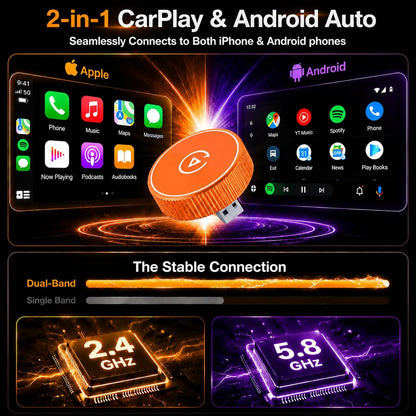 2-In-1 Wireless Carplay Adapter & Android Auto Adapter, USB-C Dongle | Converts Factory Wired Systems to Wireless with Easy Setup, Auto Reconnect, Stable Signal, and Tidy Cable-Free Driving