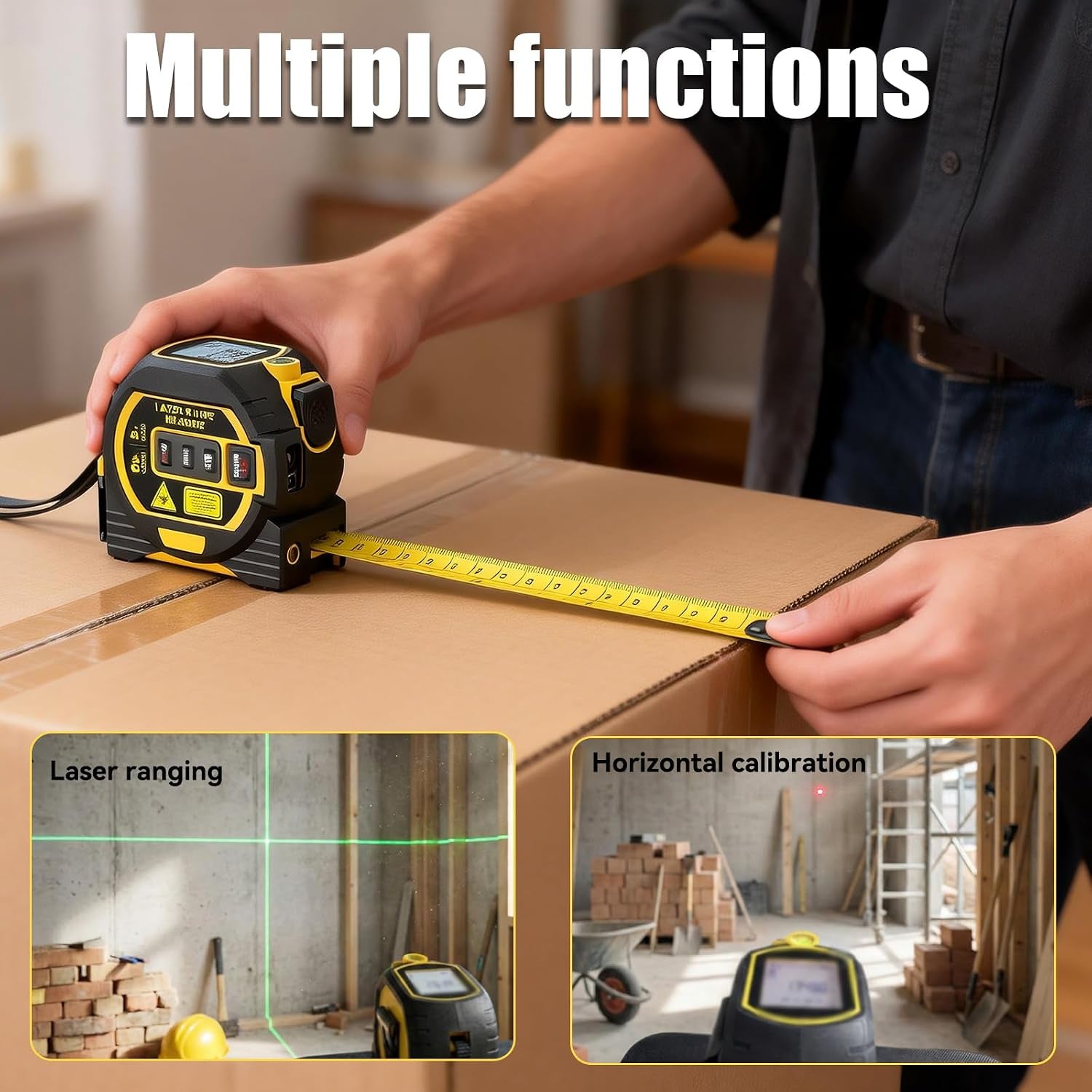 3-In-1 Laser Tape Measure, Digital Tape Measure with Laser Distance Measuring Tool, LCD Display, Electronic Measuring Tape for Home, Construction and Engineering, Laserpower<1Mw