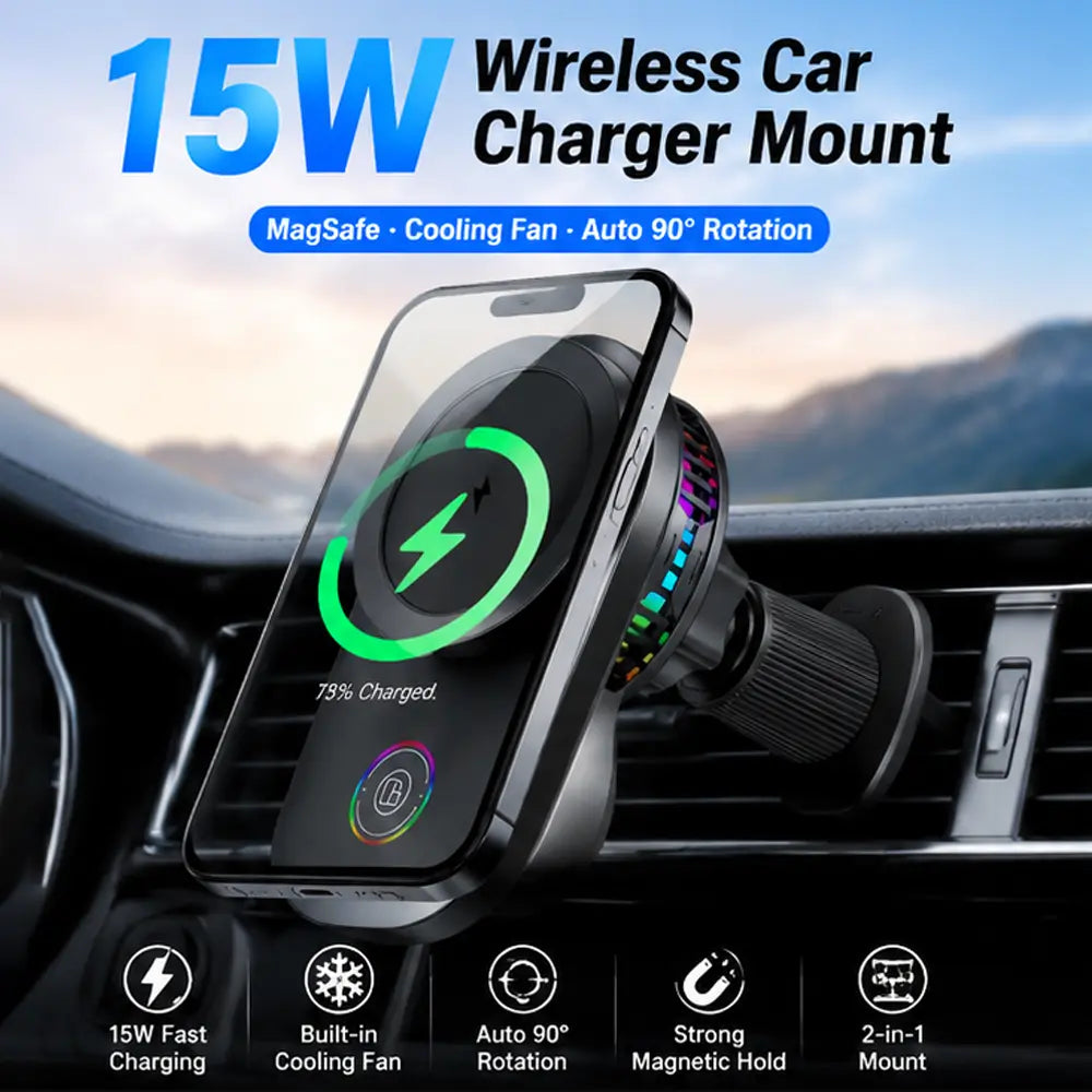 Car-Mounted Rotatable Charging Stand with Air Cooling System, 15W Fast Wireless Car Charger, Suitable for Iphone 17 16 15 14 13 Pro Max plus Mini, Air Vent Car Phone Holder Charger