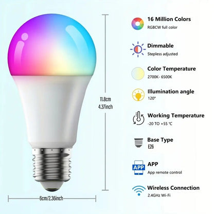 Smart Wifi LED Bulb, APP Control & Voice Control Dimmable RGBCW Smart Home Lighting, Color Changing Bluetooth-Compatible LED Bulb for Bedroom