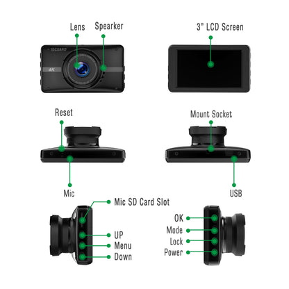 Dash Cam, 4K UHD Front Dash Camera，3'' Car Camera with 170° Wide Angle, WDR, G-Sensor, Parking Mode