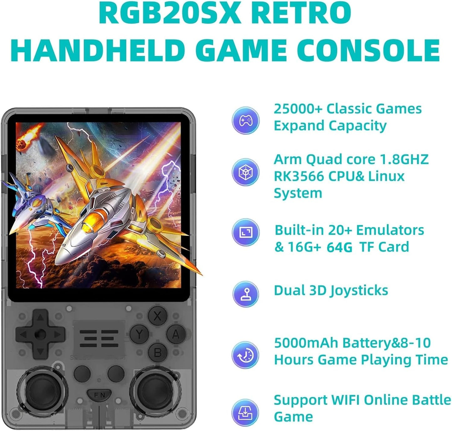 RGB20SX Retro Handheld Game Console Portable Retro Video Console with 4.0 Inch IPS 720*720 HD Screen 5000Mah Battery Retro Portable Gaming Console (Translucent Black)