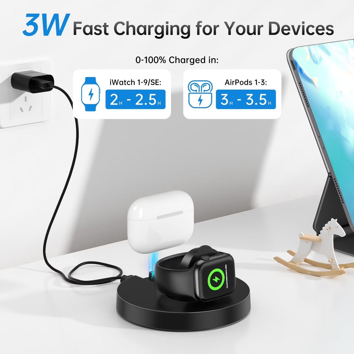 2 in 1 Wireless Charger,Travel Wireless Folding Charging Station,Compatible for Apple Watch Series 9/8/7/6/5/4/3/2/Ultra/Ultra 2, Airpods Pro 1/2/3/Pro, Travel Charger for Multple Devices