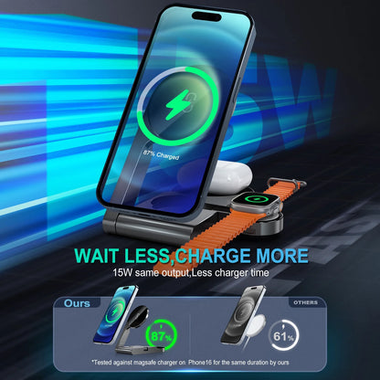 3 in 1 Wireless Charging Station Mag-Safe Fast Charging Station for Apple Magsafe Charger, with USB C Charger, Foldable Charging Magnetic Wireless Charger Stand, Space Aluminum Travel Charger