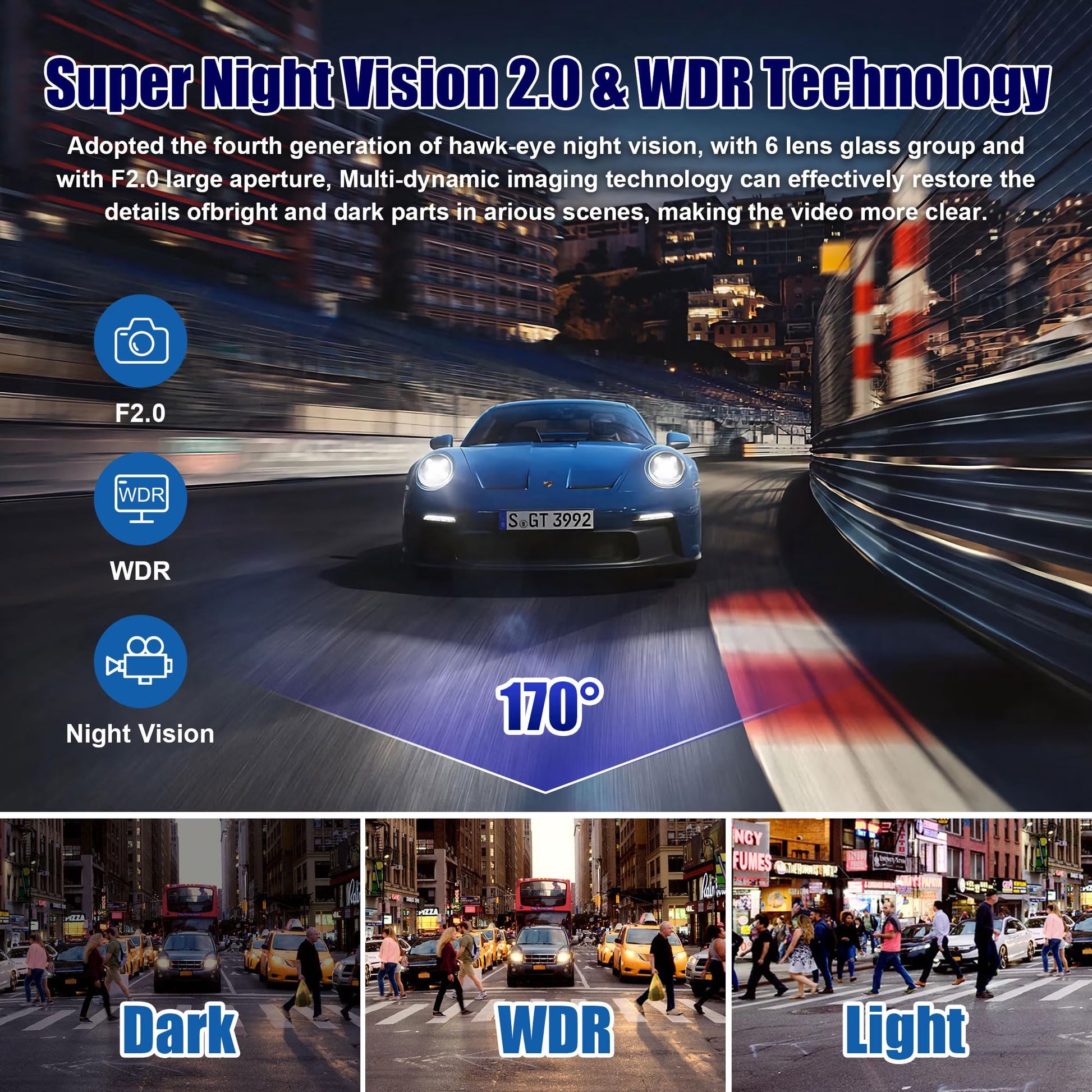 3 Channel Dash Cam, 4K+1080P Front/Rear/Inside Triple Car Camera with 32GB Card, Built-In G-Sensor & 2’’ IPS Display for Vehicles