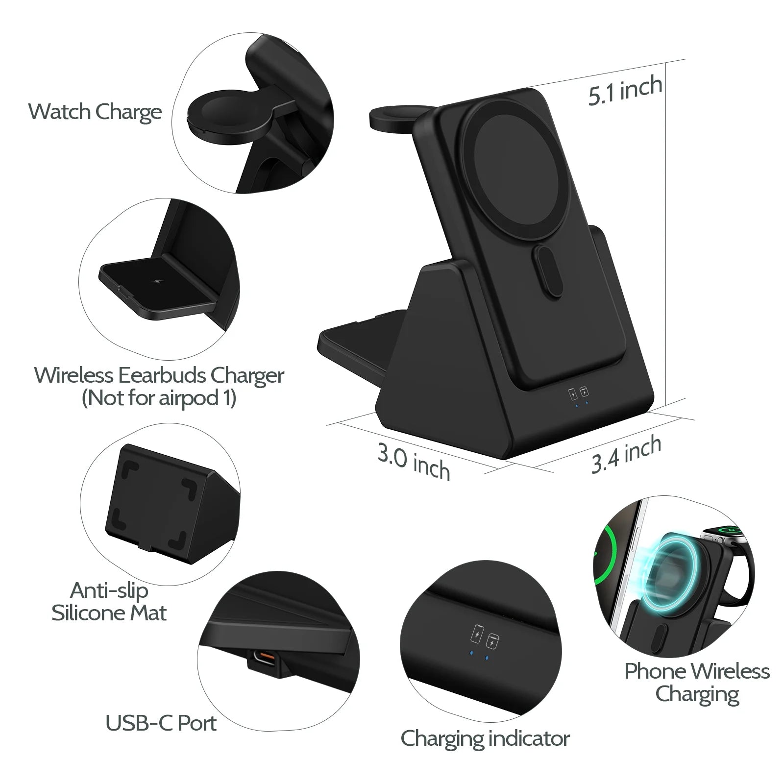 Wireless Charging Station 3 in 1 Portable 5000Mah Power Bank Magsafe for Iphone Apple Watch