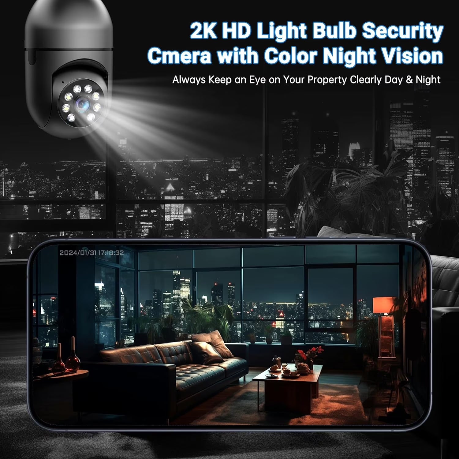 Light Bulb Security Camera -5G& 2.4Ghz Wifi 2K Security Cameras, Wireless Outdoor Motion Detection and Alarm, Two-Way Talk, Color Night Vision, Human Detection