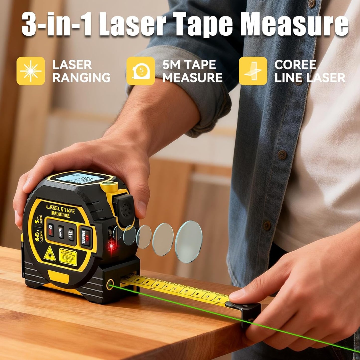 3-In-1 Laser Tape Measure, Digital Tape Measure with Laser Distance Measuring Tool, LCD Display, Electronic Measuring Tape for Home, Construction and Engineering, Laserpower<1Mw