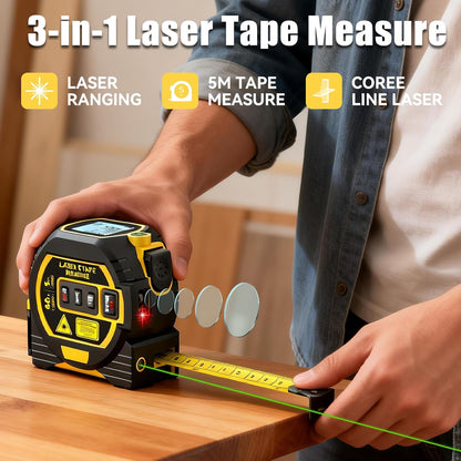 3-In-1 Laser Tape Measure, Digital Tape Measure with Laser Distance Measuring Tool, LCD Display, Electronic Measuring Tape for Home, Construction and Engineering, Laserpower<1Mw