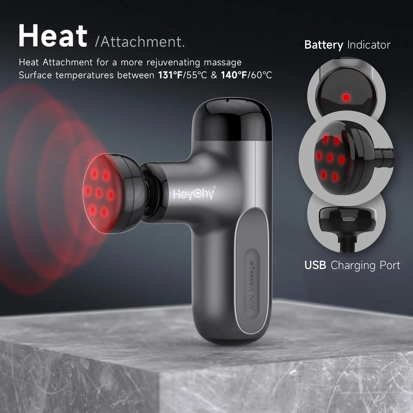 HEYCHY Mini Massage Gun with Heat, Deep Tissue Massage Gun, Portable Muscle Massager with 4 Massage Heads for Athletes