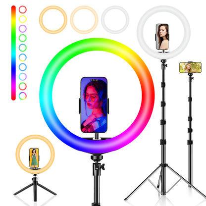 12" Ring Light with with 73" Tripod Stand and Phone Holder Kit,Full-Screen Zoom Lighting for Video Recording, Makeup, Live Stream, Dimmable LED Selfie Ring Light Tripod for Iphone with Remote