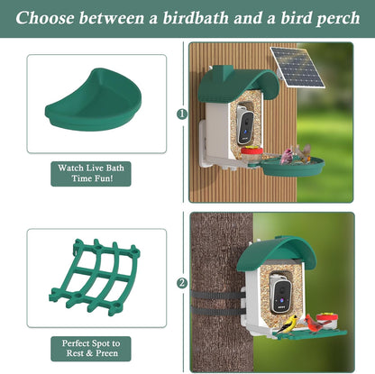 Smart Bird Feeder with Camera, 3K AI Bird Camera & Bath | Solar Powered Wireless Outdoor Bird House with Spill-Proof Net. Backyard Bird Watching Gift Idea for Bird Lovers
