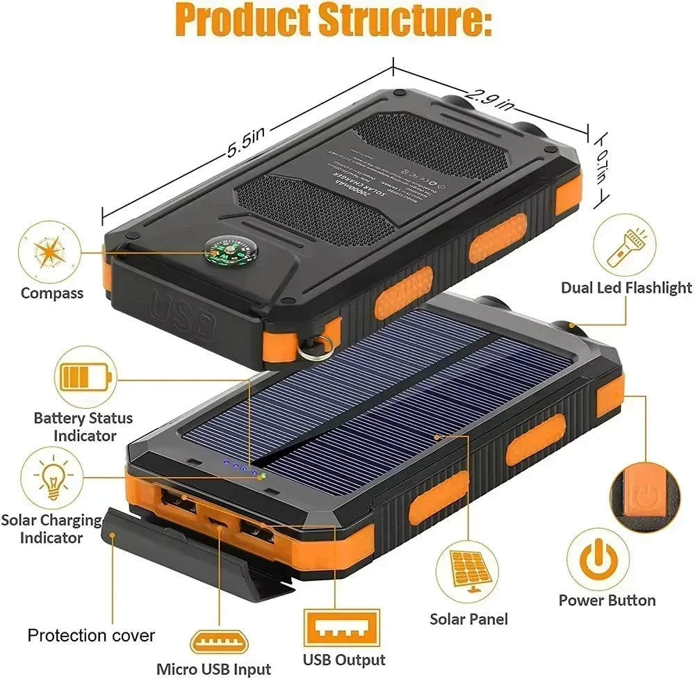Waterproof Outdoor Solar Power Bank 30000Mah Dual USB Travel Outdoor Portable Mobile Phone Charger Solar Power Bank for Camping