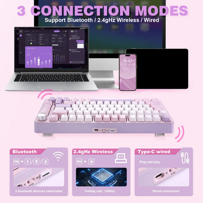 YUNZII B75 PRO Purple Wireless RGB Mechanical Keyboard, 75% Gaming Keyboard Gasket Hot Swap Custom Keyboard with Knob, Pre-Lubed Switches RGB, Bluetooth/Type-C/2.4G Creamy Keyboard