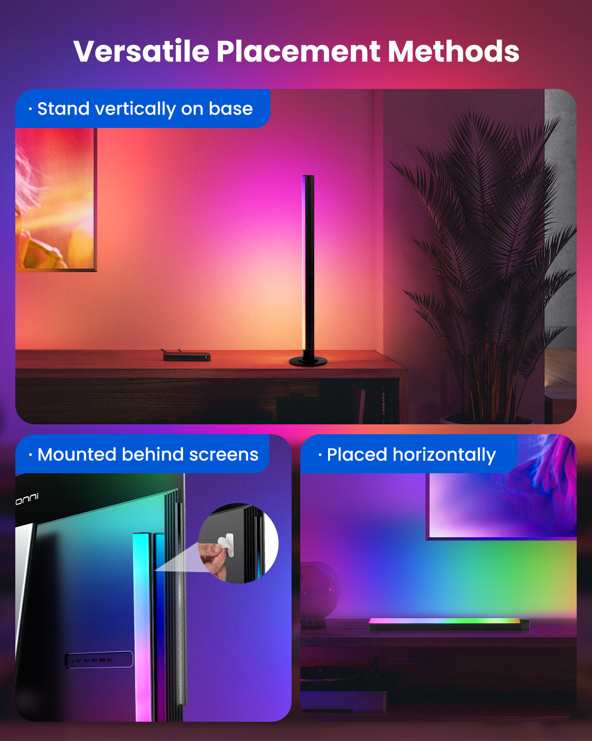 Smart LED Light Bars 2 Pack, 15" Portable TV Monitor Backlight, Gaming Ambient Lighting, RGBIC Color-Changing Mood Light, App & Voice Control, 44 Scene Modes, Music Sync, 16 Million Colors