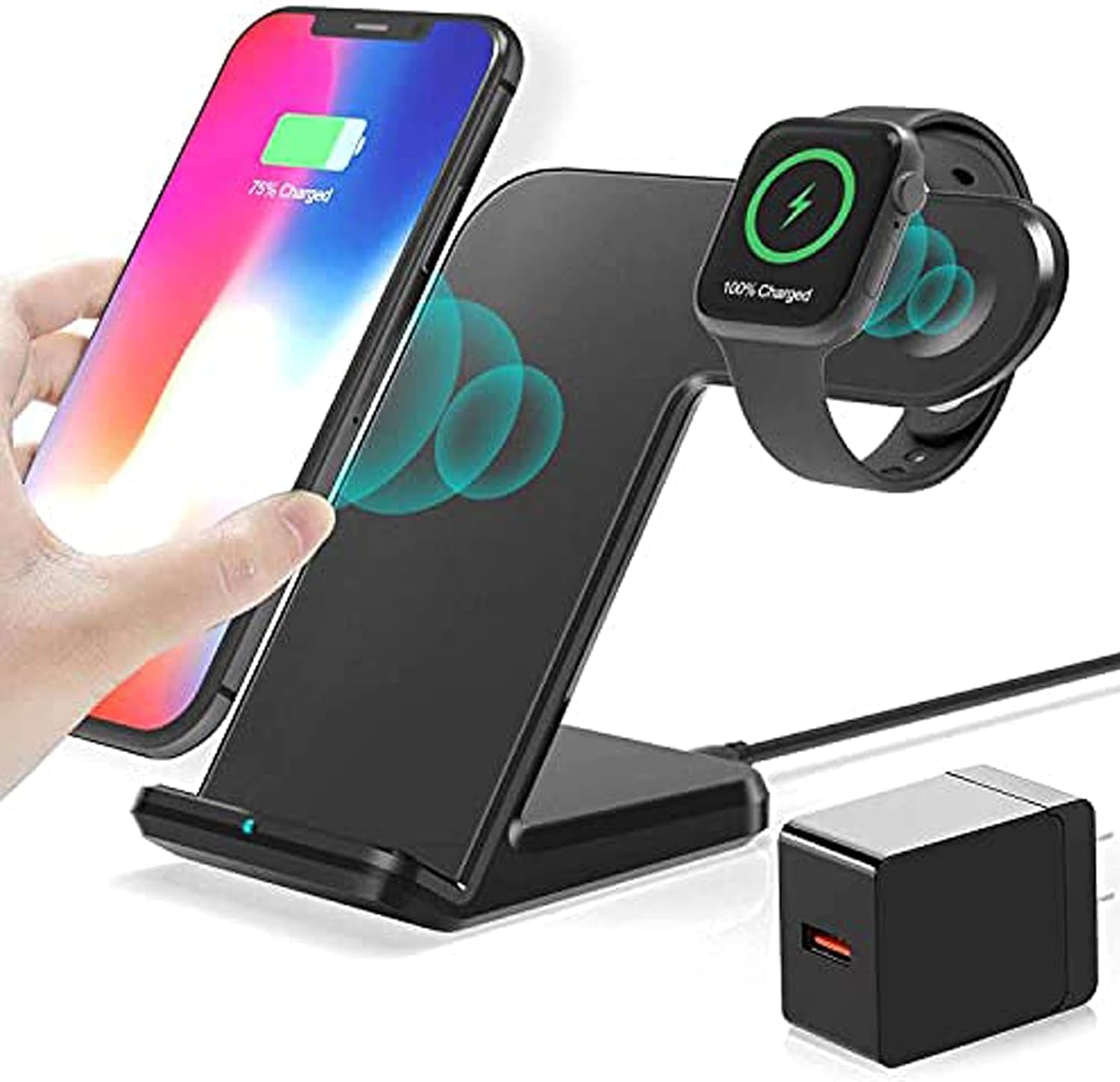 Wireless Charger,2 in 1 Wireless Charging Dock with Iwatch Stand for Iwatch 6/SE/ 5/4/3/2, 7.5W Qi Fast Charger for Iphone 11/11 Pro Max/Xr/Xs Max/Xs/X/8/8P/Galaxy Note 10/S10/S9 (AC Adapter) (Black)