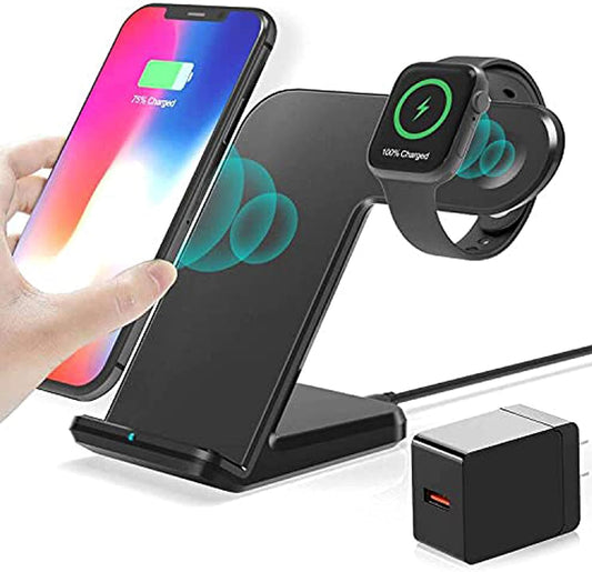 Wireless Charger,2 in 1 Wireless Charging Dock with Iwatch Stand for Iwatch 6/SE/ 5/4/3/2, 7.5W Qi Fast Charger for Iphone 11/11 Pro Max/Xr/Xs Max/Xs/X/8/8P/Galaxy Note 10/S10/S9 (AC Adapter) (Black)