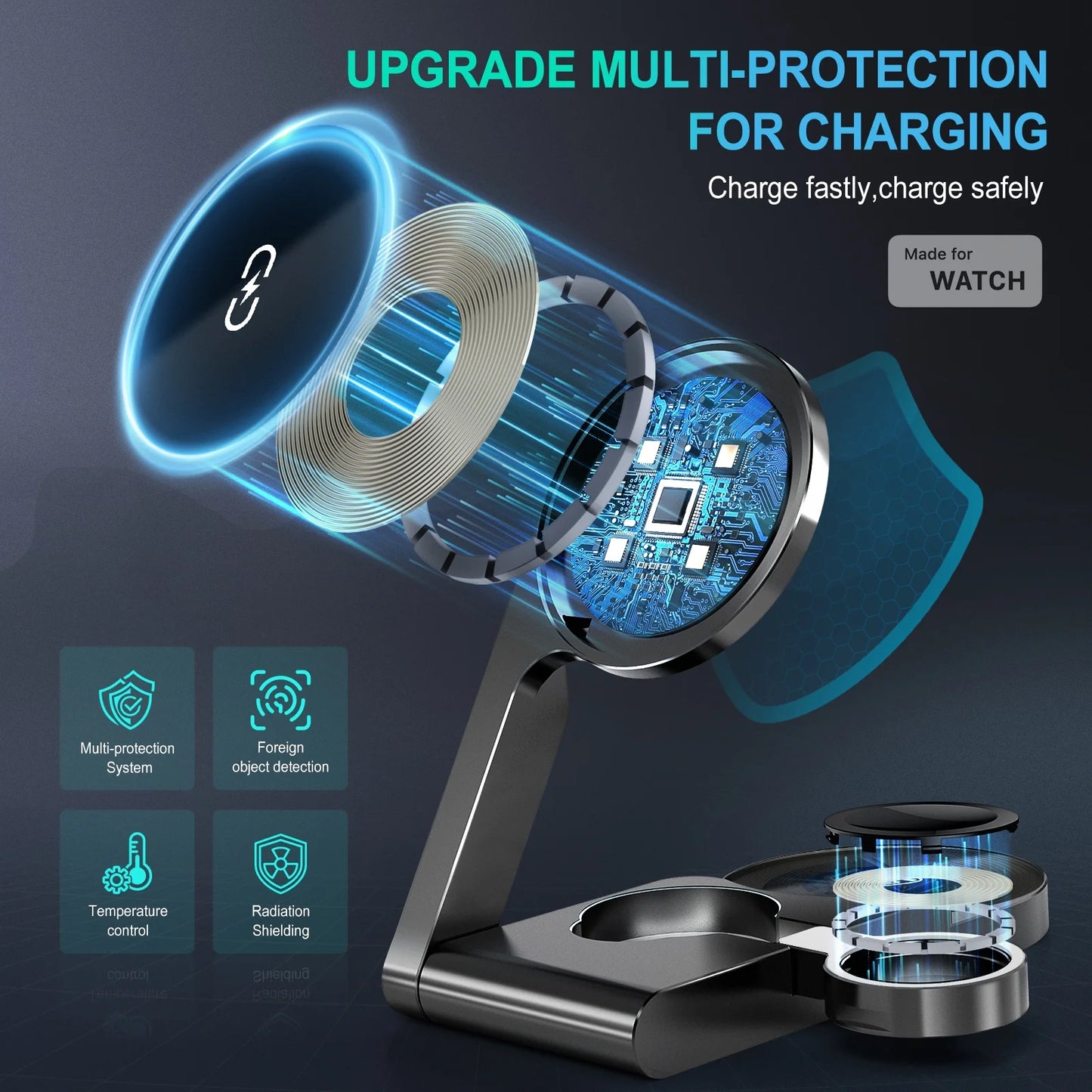 3 in 1 Wireless Charging Station Mag-Safe Fast Charging Station for Apple Magsafe Charger, with USB C Charger, Foldable Charging Magnetic Wireless Charger Stand, Space Aluminum Travel Charger