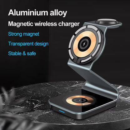3 in 1 Wireless Charging Station Magnetic Aluminum Alloy Wireless Charger for Iphone 14/13/12 Series Fast Charging Stand