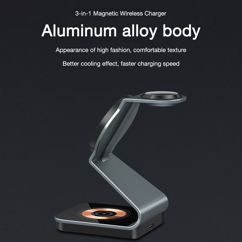 3 in 1 Wireless Charging Station Magnetic Aluminum Alloy Wireless Charger for Iphone 14/13/12 Series Fast Charging Stand