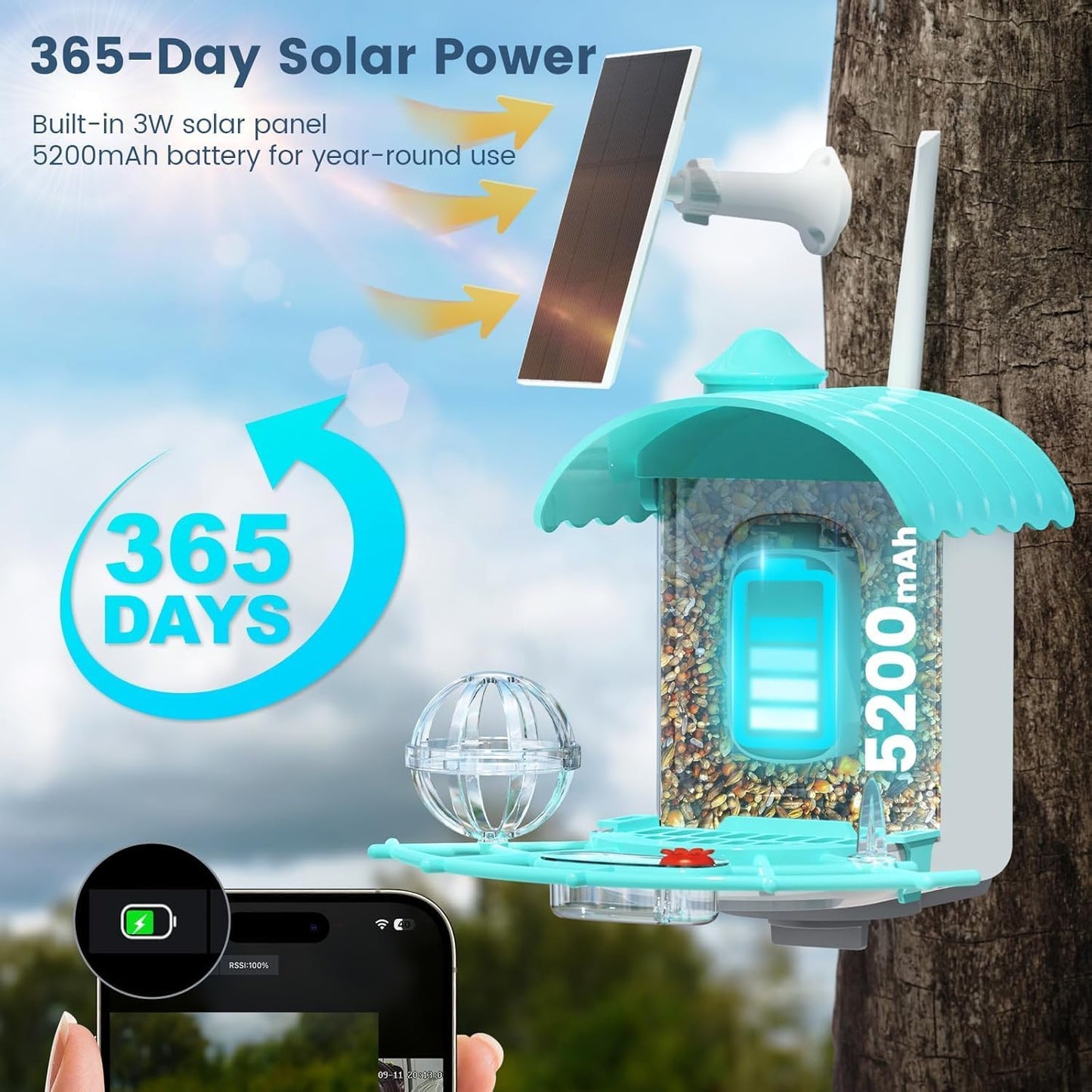 Smart Bird Feeder with Camera, AI Identify Birds Species Solar Powered, 2K HD Video Bird House with Camera, Instant Arrival Alerts, Waterproof Squirrel Proof, Gift for Birdlovers, 2.4Ghz Wifi, Blue