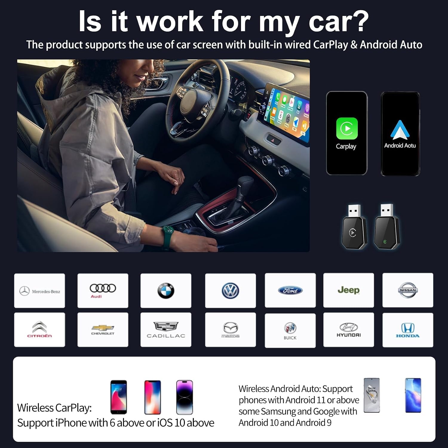 Wireless Carplay Adapter, Android Auto Adapter Plug and Play 2025 Carplay, Convert Wired to Wireless Supports Car Original Control, Mini Car Play Box for Cars