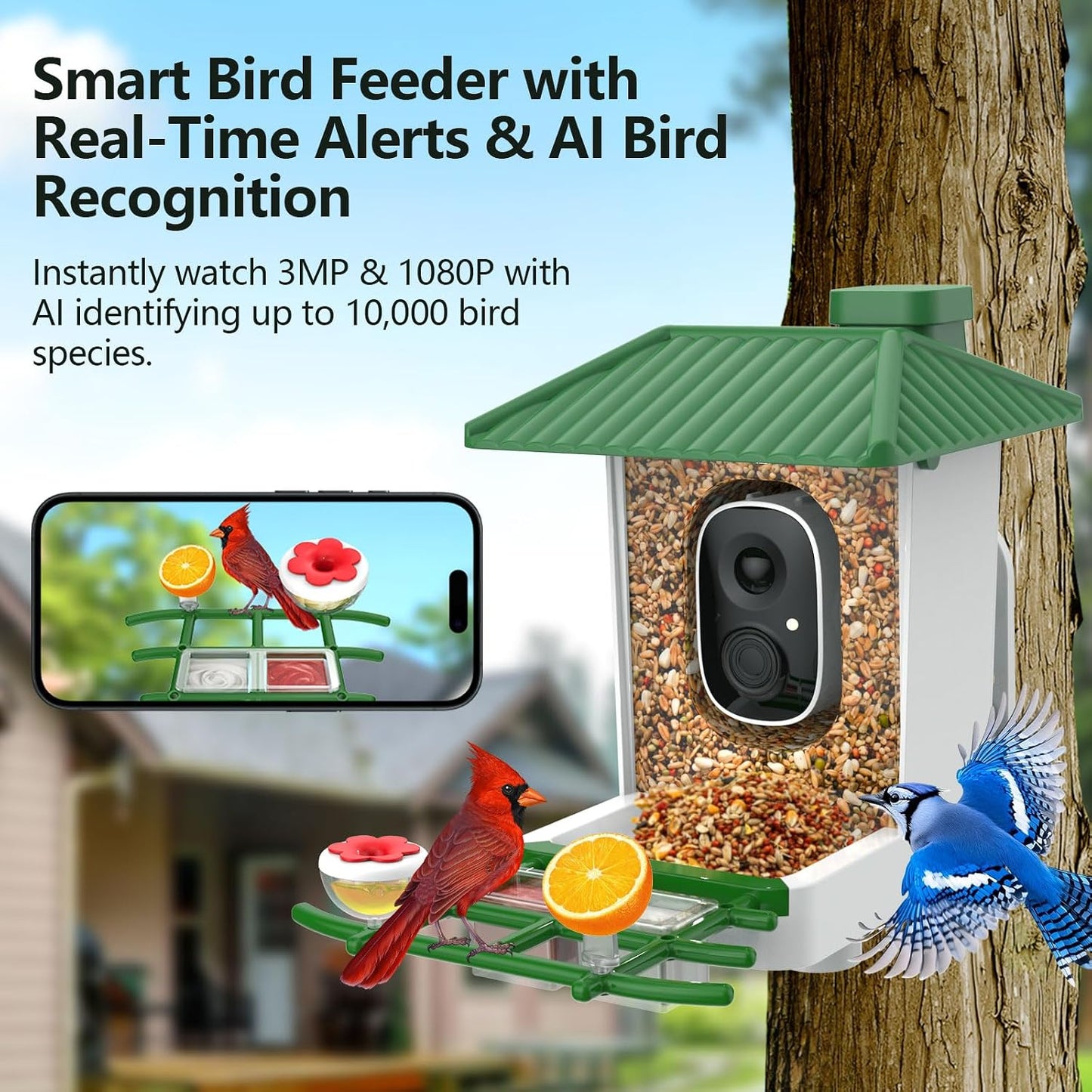 Smart Bird Feeder with Camera Solar Powered, 2K HD Wifi Live View Bird Feeders for Outdoors, AI Birds Recognition & Instant Alerts,Weatherproof Design – Best Gift for Birdlovers & Garden Birdwatching