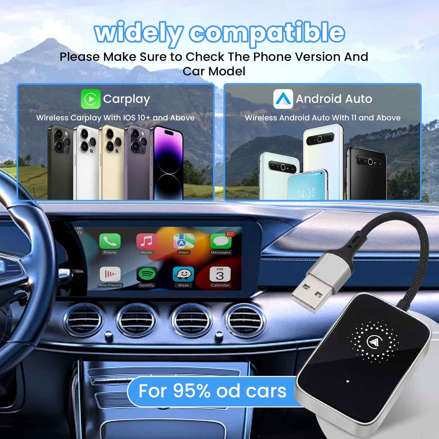 2 in 1 Wireless Carplay Adapter Upgraded, Wireless Carplay & Android Auto Adapter Converts Factory Wired Carplay to Wireless, Plug and Play Car Play Wireless Adapter, Compatible /Android
