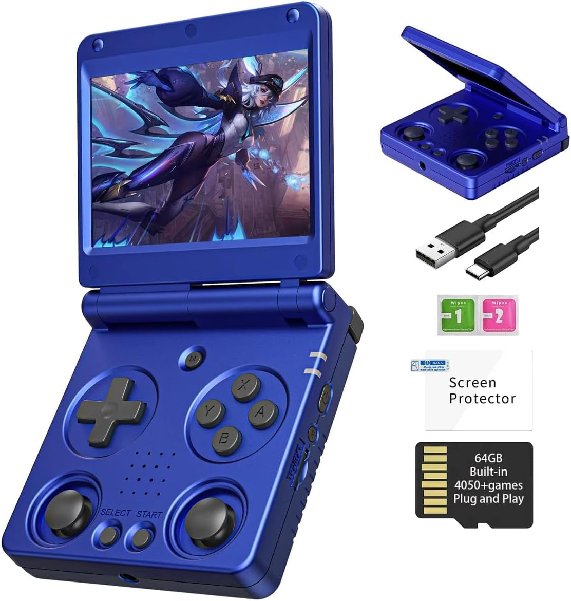 Anbernic RG34XXSP Retro Handheld Game Console Linux 3.4 Inch IPS Screen 720*480 5000+ Classic Games 64G Card RG 34XXSP 3300Mah Battery Compatible with Wifi HDMI Bluetooth Blue