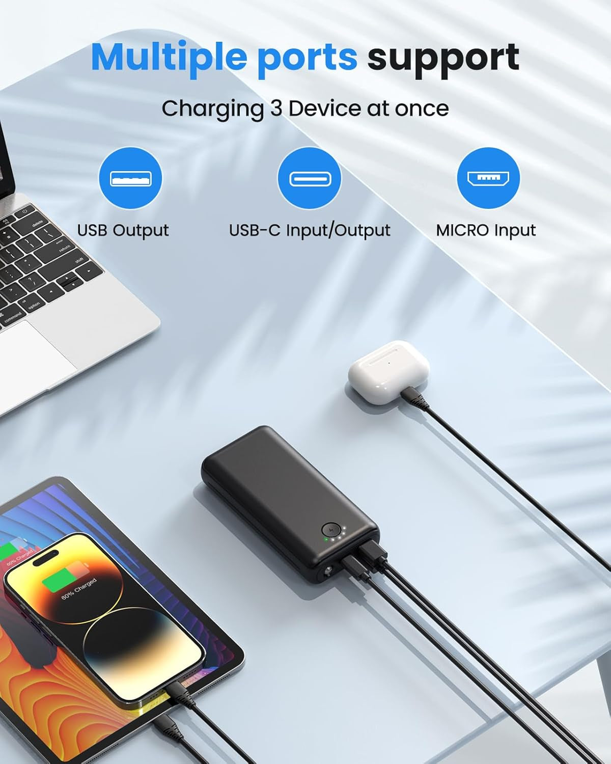Portable Charger Power Bank 30000Mah USB C 22.5W Fast Charging Black | External Battery Pack PD QC4.0 with Flashlight 3 Outputs & 2 Inputs Battery Bank for Iphone Samsung Galaxy Ipad Etc