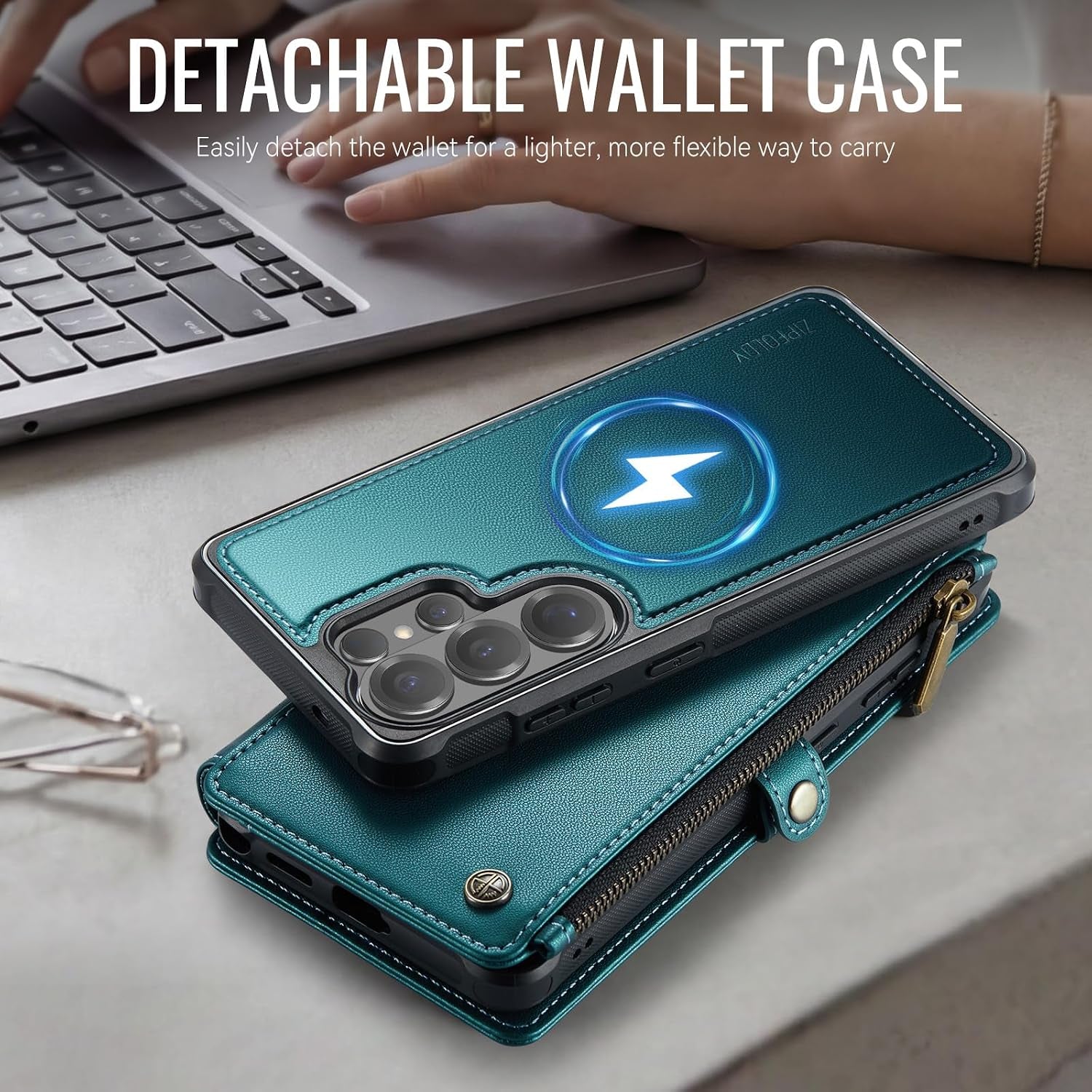 For Galaxy S26 Ultra - Phone Case Wallet Magnetic, Turquoise | Detached for Magsafe, RFID Blocking Card Holder, Zipper, Wrist Strap, for Women Men, PU Leather, for Samsung Galaxy S26 Ultra