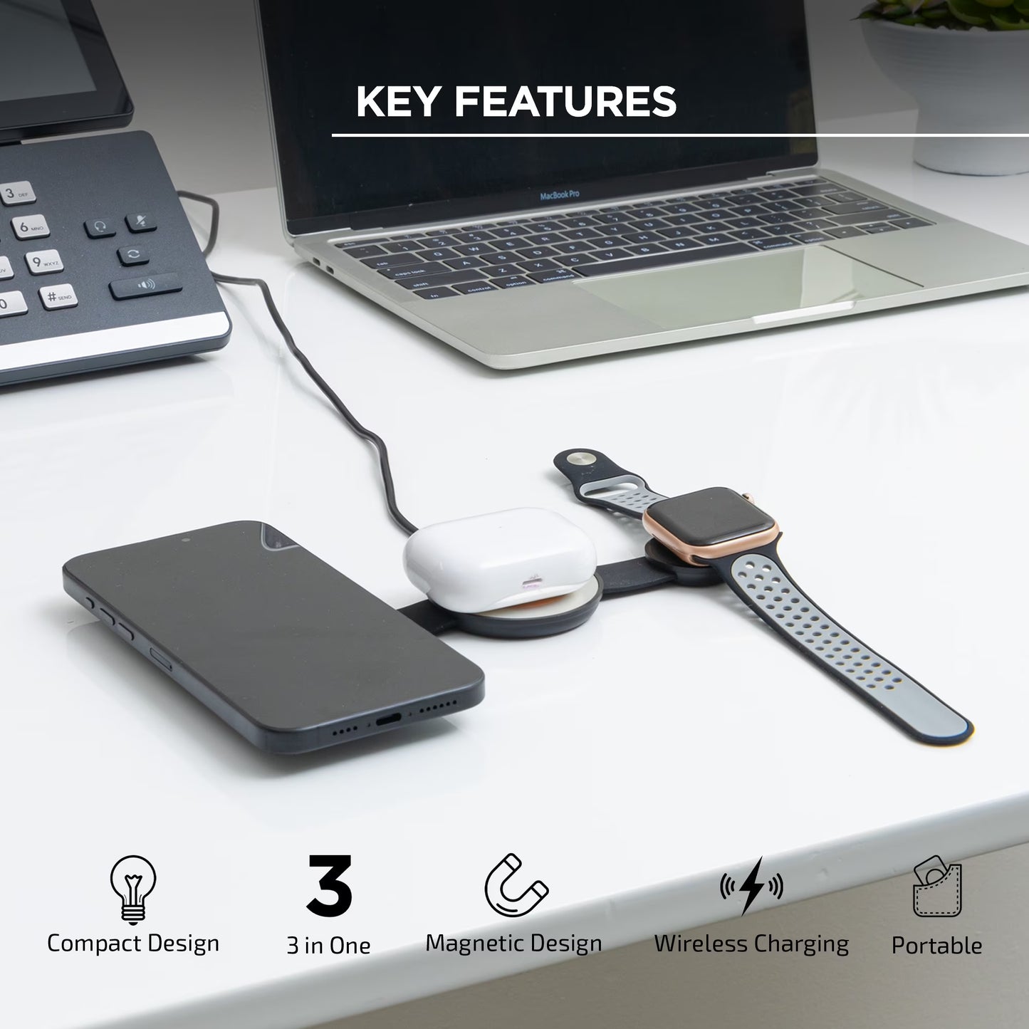 3-In-1 Wireless Charging Station, Fast Magnetic Charger for Iphone, Airpods & Apple Watch, Portable Design