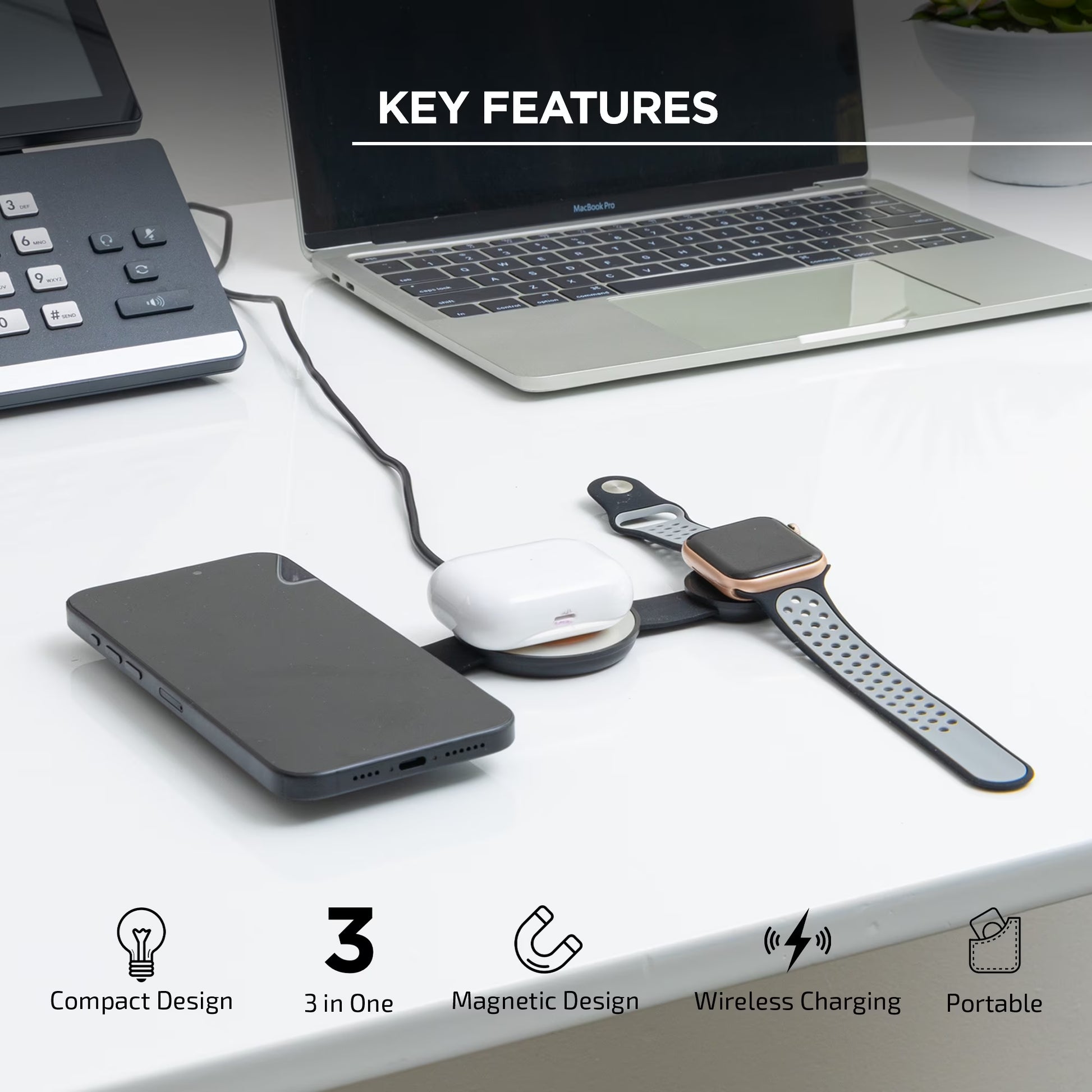 3-In-1 Wireless Charging Station, Fast Magnetic Charger for Iphone, Airpods & Apple Watch, Portable Design