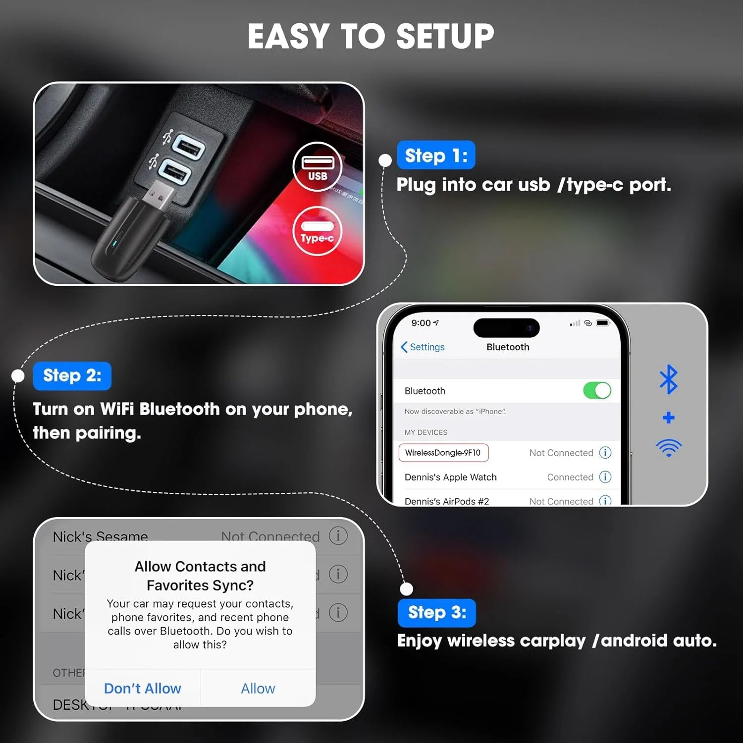 Dnxniaify New In-Car Wireless Carplay Adapter for Apple and Android Systems, Mini Size, Fast Connection, Super Strong Signal without Delay, Stable Control