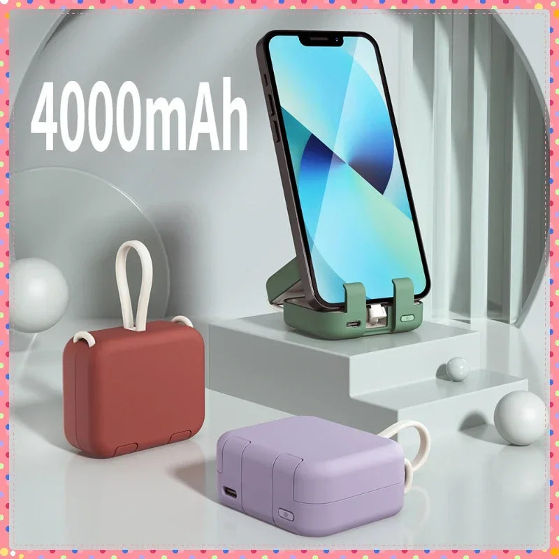 4000Mah Battery Pack Phone Holder Mini Power Bank Built-In Dual Cable Foldable Fast Charging Powerbank for All Iphone Android