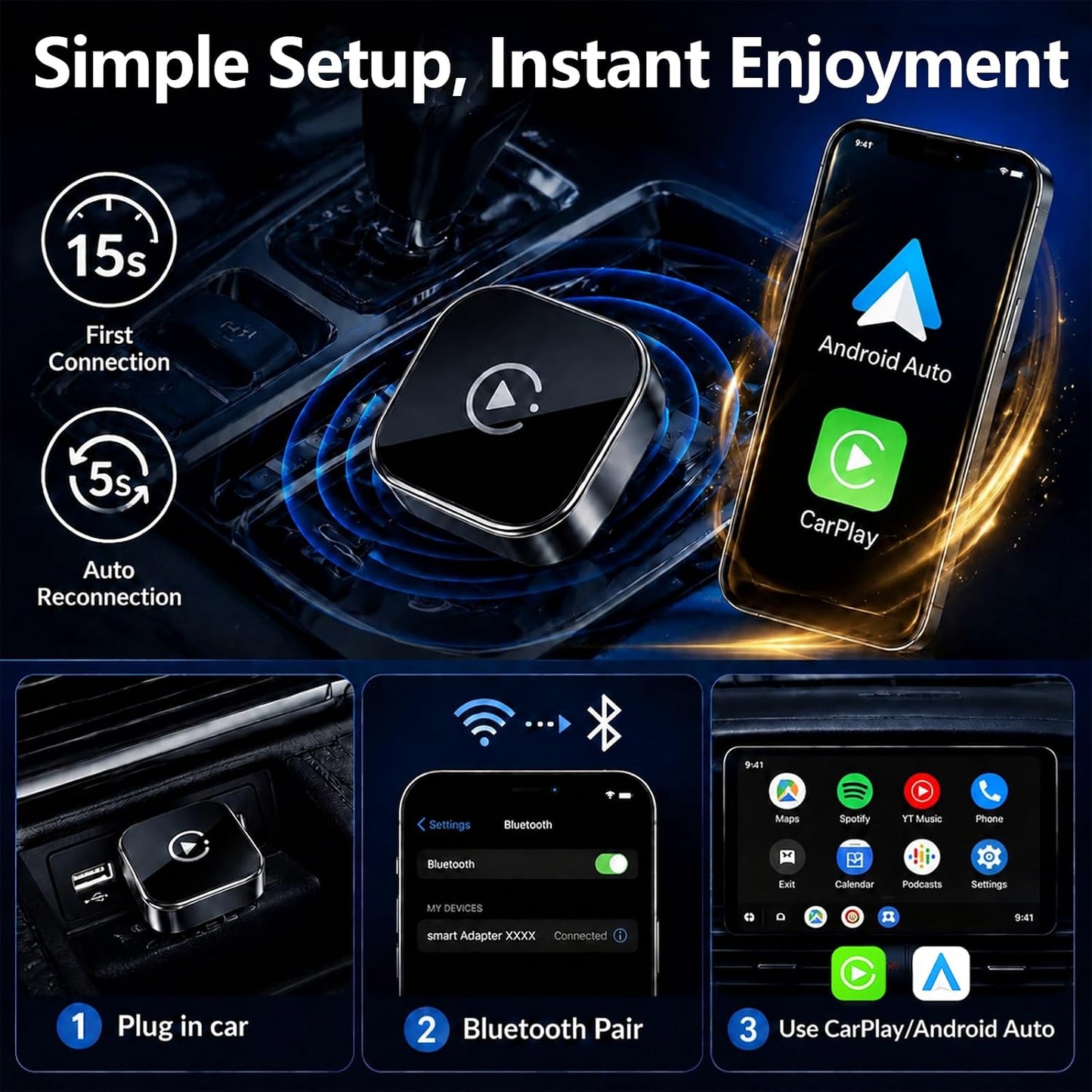 Wireless Carplay & Android Auto Adapter for Cars, Converts Wired Carplay to Wireless, Fast Auto Connect, Plug and Play, Stable Bluetooth Wifi Connection for Iphone and Android