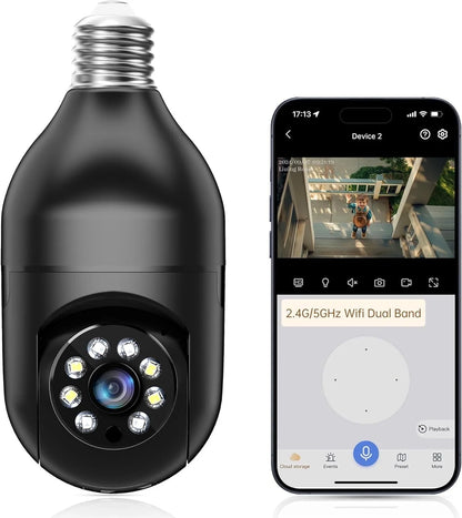 Light Bulb Security Camera -5G& 2.4Ghz Wifi 2K Security Cameras, Wireless Outdoor Motion Detection and Alarm, Two-Way Talk, Color Night Vision, Human Detection