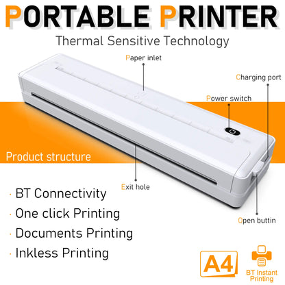 JOYYE Portable Printer, Portable A4, Mini Printer & Cartoon Sticker, Portable Thermal Printer, Travel, Mobile Office, School