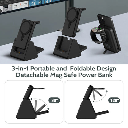 Wireless Charging Station 3 in 1 Portable 5000Mah Power Bank Magsafe for Iphone Apple Watch