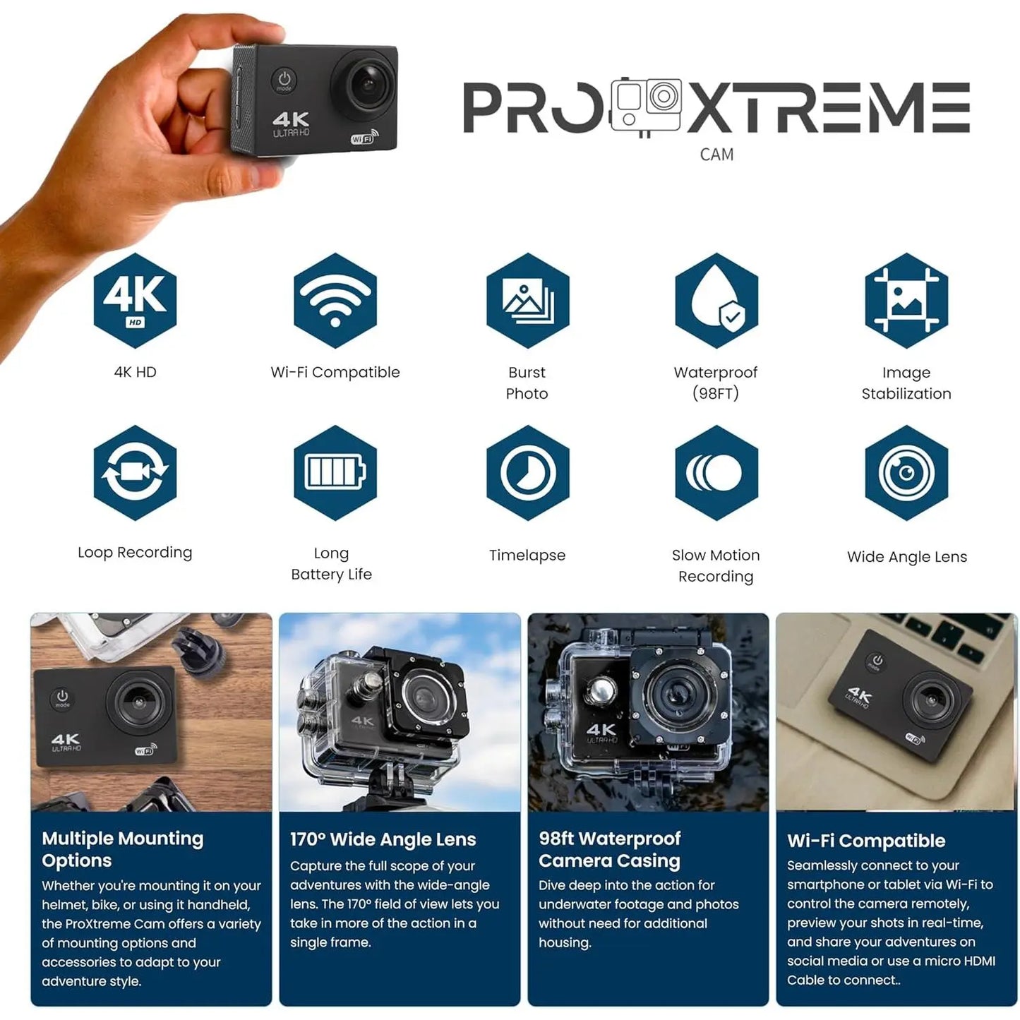 Pro 4K Action Camera - Ultra HD Waterproof Camera Video Camera with Wi-Fi, 170° Wide Angle Lens, Image Stabilization, Multiple Mounting Options - Perfect Underwater Camera Snorkeling