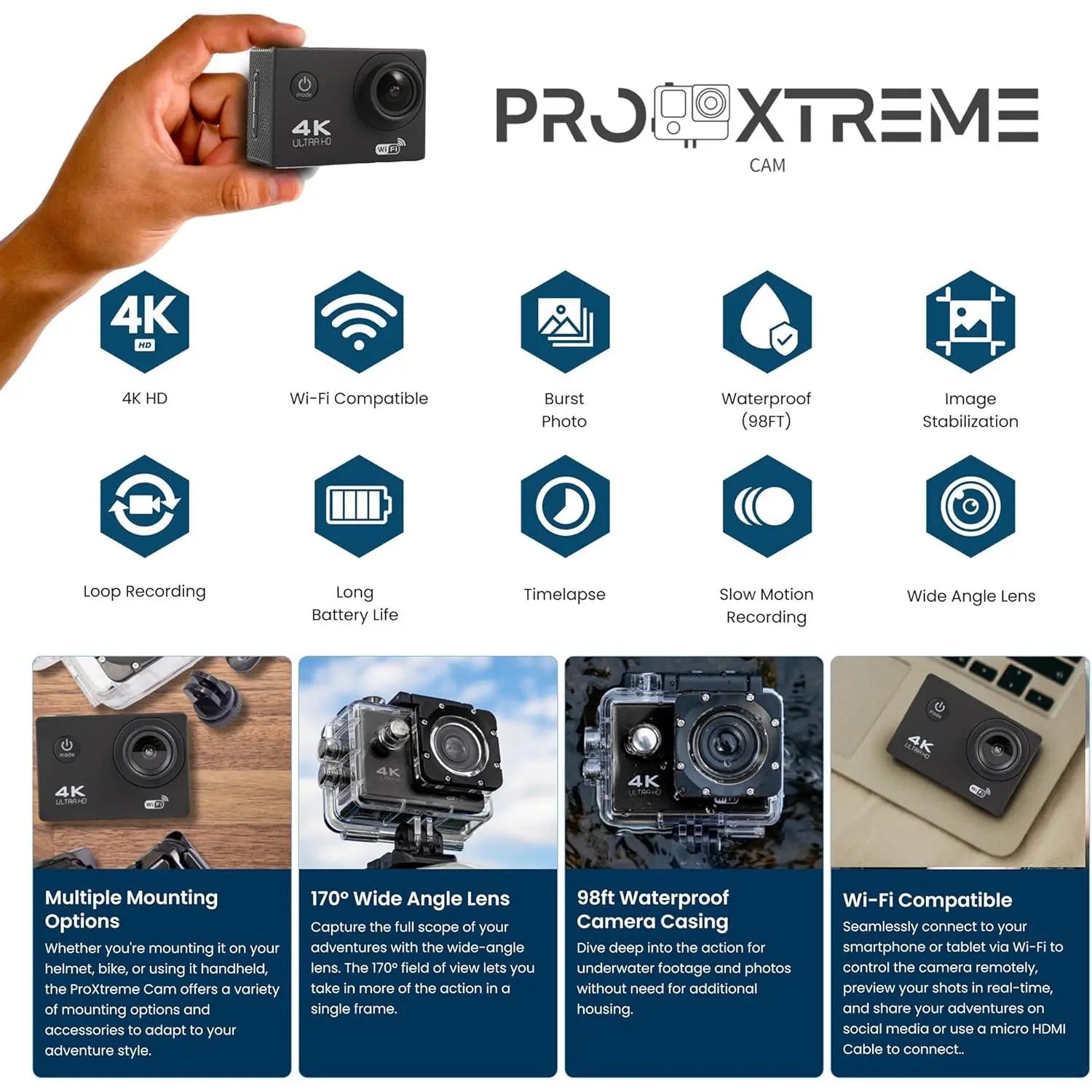 Pro 4K Action Camera - Ultra HD Waterproof Camera Video Camera with Wi-Fi, 170° Wide Angle Lens, Image Stabilization, Multiple Mounting Options - Perfect Underwater Camera Snorkeling