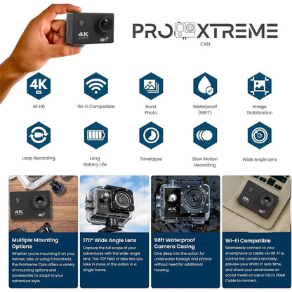 Pro 4K Action Camera - Ultra HD Waterproof Camera Video Camera with Wi-Fi, 170° Wide Angle Lens, Image Stabilization, Multiple Mounting Options - Perfect Underwater Camera Snorkeling