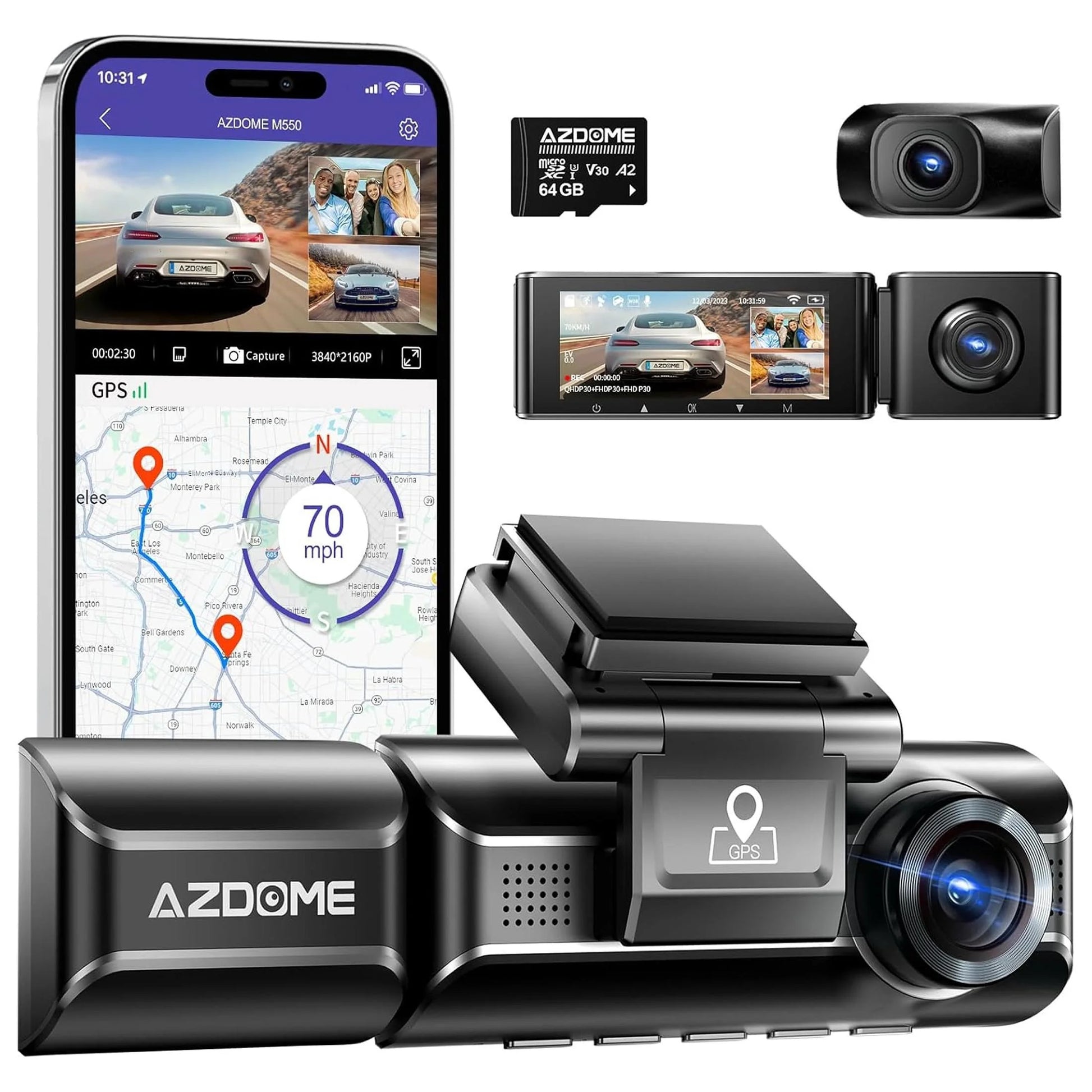 M550 3 Channel Dash Cam, 4K+2.5K Dual Dash Camera for Cars Built-In Wifi GPS, 1440P+1080P Front and Rear Inside, 64GB Card Included, 3.19" IPS Screen, WDR, IR Night Vision, Parking Mode