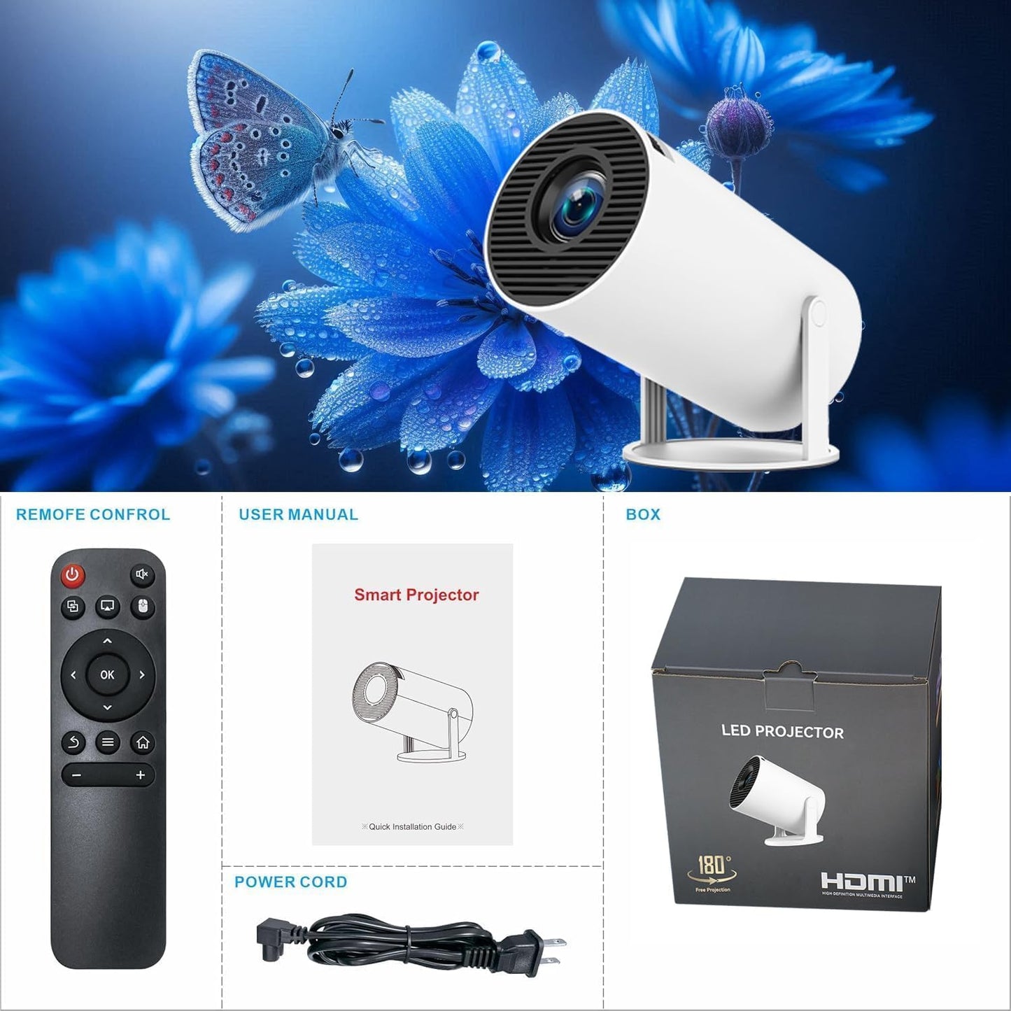 Mini Projector, Portable Smart Projector 4K Wifi 6 BT 5.4 [Built-In App] | Auto Keystone, Movie Projector Compatible with HDMI/USB/TV Stick/Smartphone/Laptop/Ps5 Home Theater 180° Rotation White