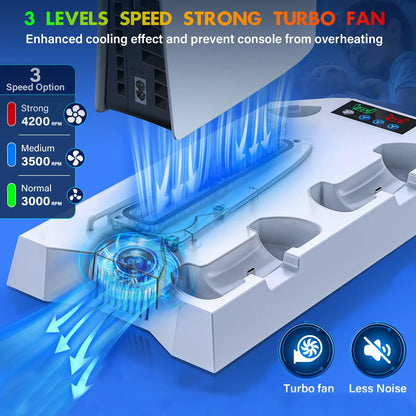 Cooling Station for Ps5/Slim Disc Digital Console,Ps5 Cooling Fan with Dual PS5 Controller Charger,3 Level Fan,For Playstation 5 Console Accessories White