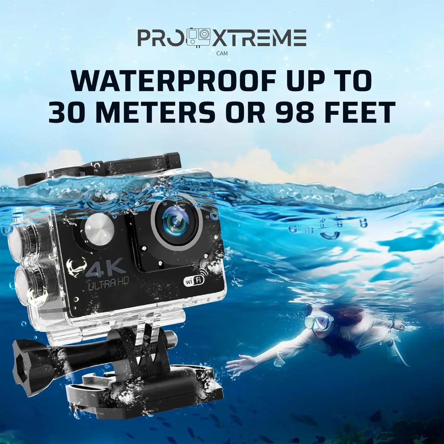 Pro 4K Action Camera - Ultra HD Waterproof Camera Video Camera with Wi-Fi, 170° Wide Angle Lens, Image Stabilization, Multiple Mounting Options - Perfect Underwater Camera Snorkeling